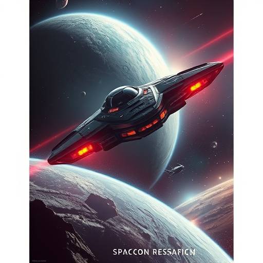 Affiche de la série 'Chroniques de l'Espace' avec un vaisseau spatial survolant une planète lointaine.