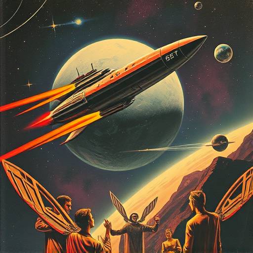Affiche de la série 'Chroniques de l'Espace' avec un vaisseau spatial survolant une planète lointaine.