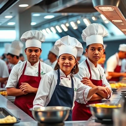 Affiche de la série 'L'École des Chefs' montrant des jeunes chefs cuisiniers travaillant dans une cuisine professionnelle.