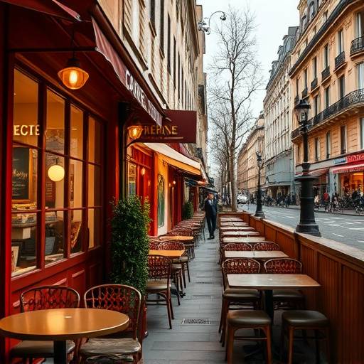 Affiche de la série 'Le Café des Rêves' montrant un café parisien chaleureux et accueillant avec des tables en terrasse et des lumières douces.